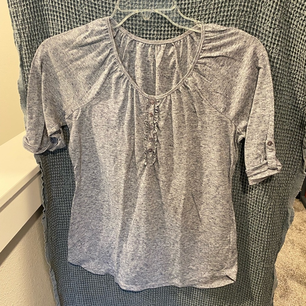 Great Northwest Indigo 3/4 Sleeve Ruffle Placket Crystal Button Henley Top